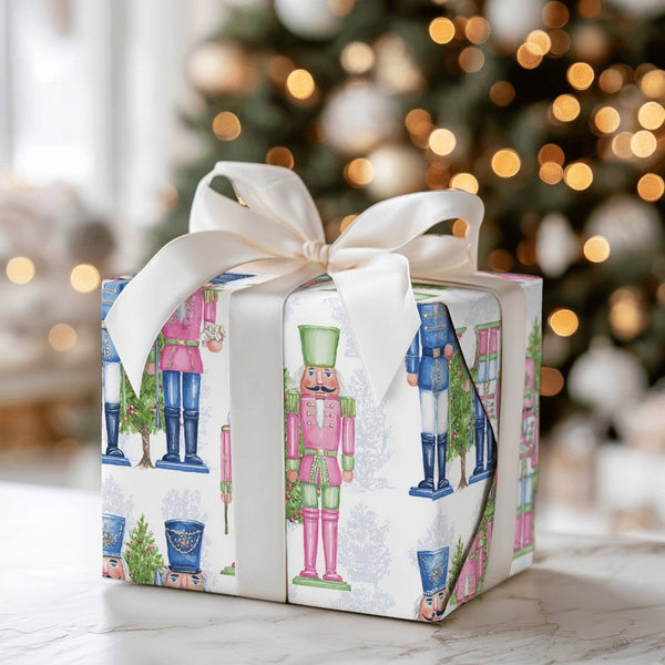 Watercolor Soldier Christmas Gift Wrap, Pink Nutcracker Wrapping Paper, Pastel Blue Holiday Wrapping Paper, Ballet Xmas Gift 