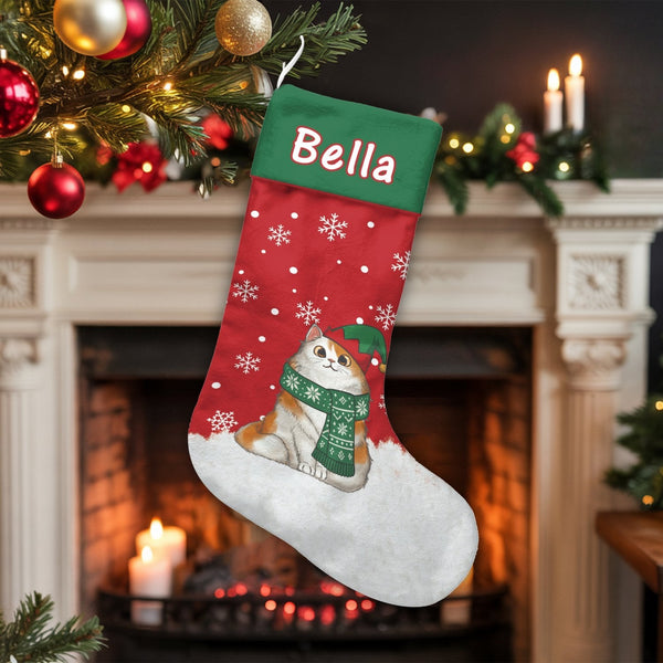 Cat with Scarf Holiday Stocking, Personalized Kitten Christmas Stocking, Snowflake Winter Pet Stocking, Adorable Fireplace Ho
