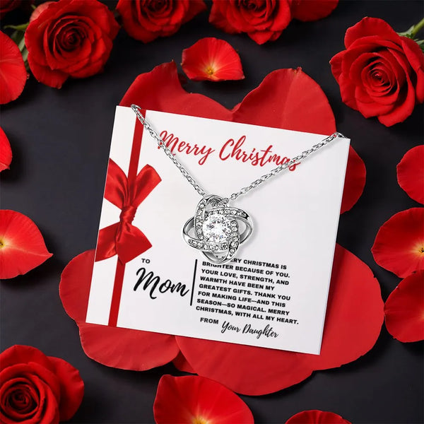CZ Crystal Love Knot Necklace from Daughter, Christmas Love Knot Necklace for Mom, Holiday Message Card Pendant Necklace, Sen