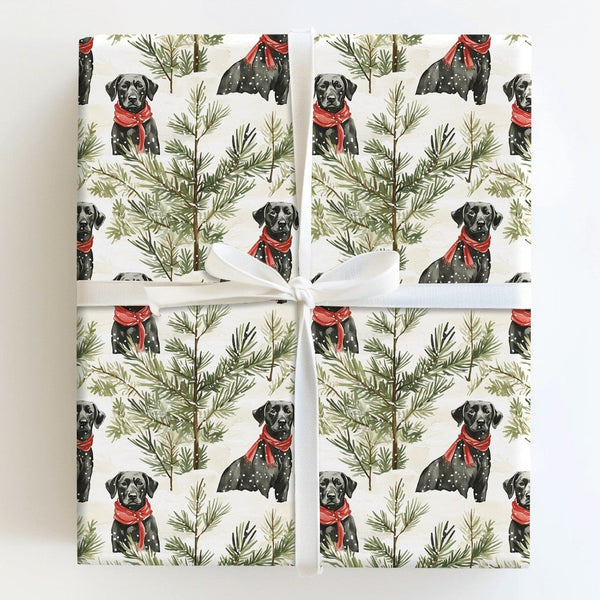 Watercolor Christmas Dog Gift Wrap, Black Lab Wrapping Paper, Snowy Tree Labrador Wrapping Paper, Holiday Pet Gift Wrap, Wint