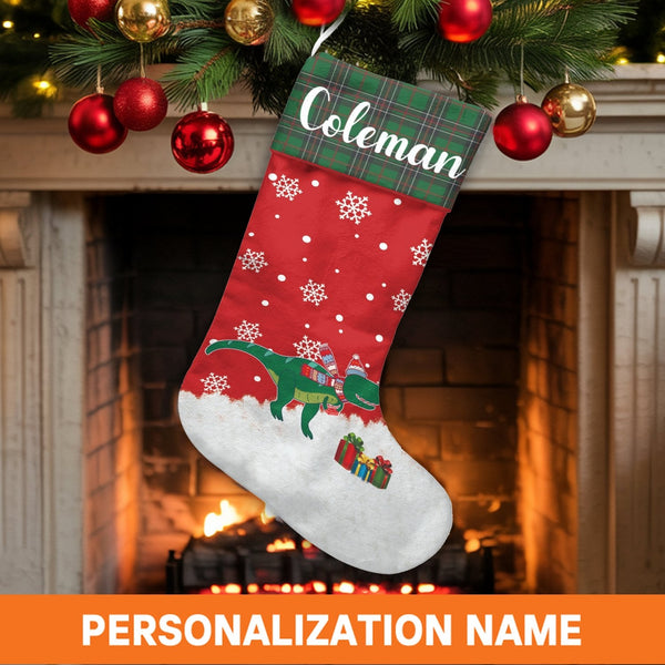Red T-Rex Holiday Stocking, Personalized Dinosaur Christmas Stocking, Custom Name Dino Xmas Stocking, Adorable Kids Fireplace