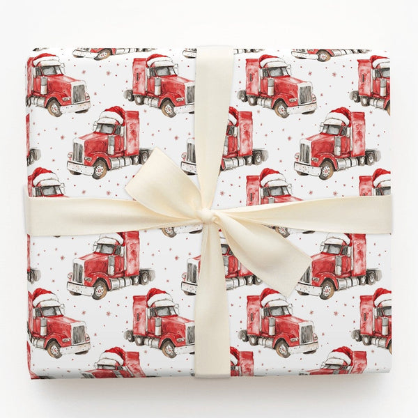 Santa Hat Trucker Gift Wrap, Semi Truck Christmas Wrapping Paper, Transportation Big Rig Wrapping Paper, Holiday Present Pape