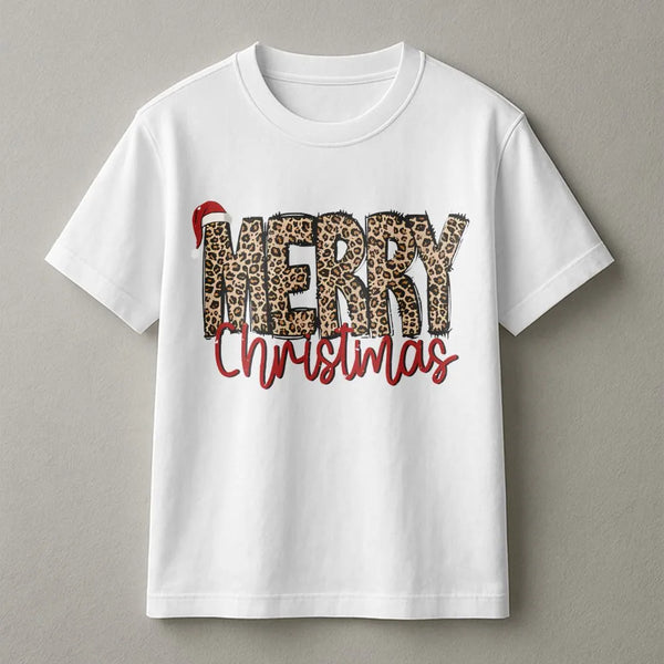 Leopard Print Santa Hat Shirt, Merry Christmas T-Shirt, Adorable Festive Holiday Graphic Tee, Womens Xmas Outfit, Trendy Holi