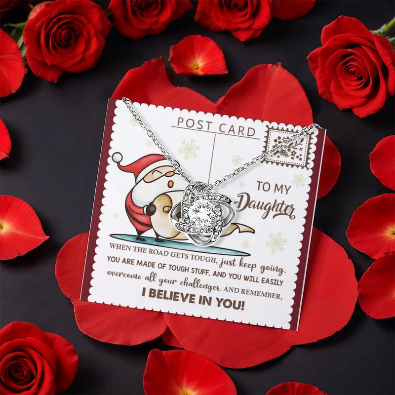 Santa Christmas Message Gift Box, Daughter Love Knot Necklace, CZ Crystal Pendant, Heartfelt Daughter Xmas Keepsake Jewelry Present