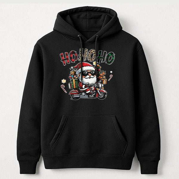 Cool Motorcycle Santa Hoodie, Biker Santa Hoodie, Humorous Ho Ho Ho Christmas Hoodie, Vintage Holiday Graphic Sweatshirt, Xma