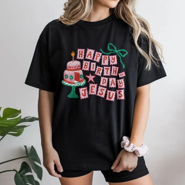 Christmas Cake Graphic Tee, Happy Birthday Jesus T-Shirt, Adorable Religious Christmas Shirt, Christian Faith Holiday T-Shirt