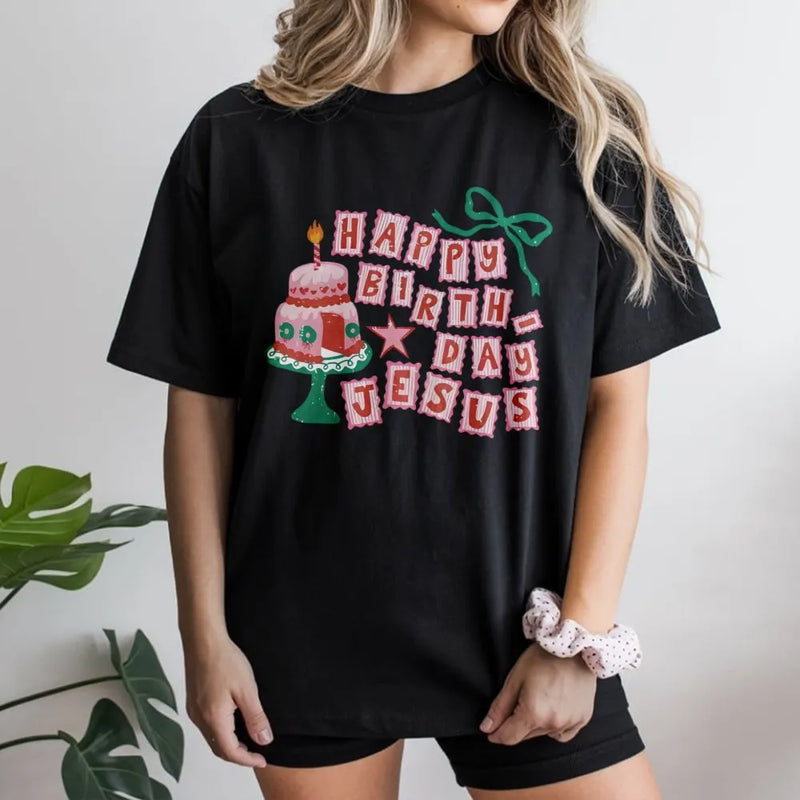Christmas Cake Graphic Tee, Happy Birthday Jesus T-Shirt, Adorable Religious Christmas Shirt, Christian Faith Holiday T-Shirt, Xmas Present