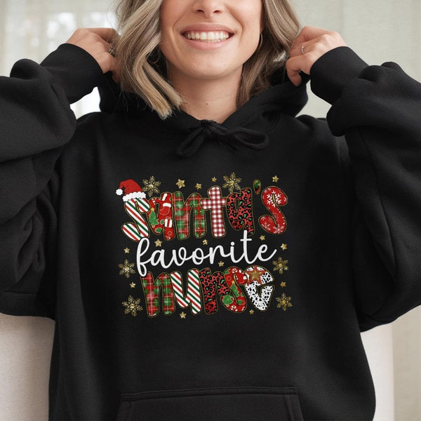 Plaid Christmas Nurse Hoodie, Santa's Favorite Nurse Hoodie, Retro Holiday RN Graphic Sweatshirt, Festive Hospital Pullover
