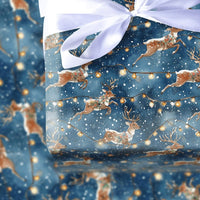 Watercolor Winter Gift Wrap, Leaping Reindeer Christmas Wrapping Paper, String Lights Holiday Wrapping Paper, Dark Blue Reindeer Present Paper
