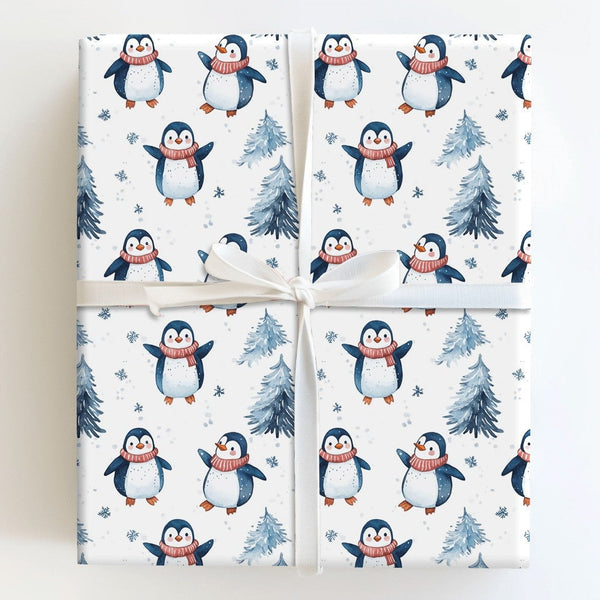 Watercolor Pine Tree Gift Wrap, Adorable Penguin Christmas Wrapping Paper, Winter Penguin Holiday Wrapping Paper, Festive Kid