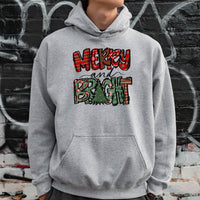 Plaid Festive Tree Graphic Sweatshirt, Merry and Bright Christmas Hoodie, Comfy Holiday Season Pullover, Winter Xmas Hooded Sweater
