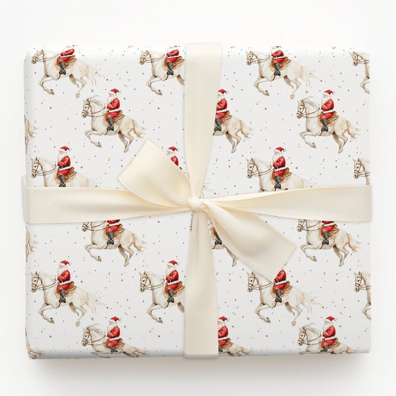 Equestrian Christmas Gift Wrap, Santa Riding White Horse Wrapping Paper, Gold Speckle Holiday Wrapping Paper, Horse Lover Gift Wrap Roll