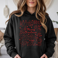 Festive Holiday Icons Graphic Hoodie, Merry Christmas Doodle Hoodie, Adorable Xmas Doodle Pullover Hoodie, Winter Holiday Hooded Sweatshirt
