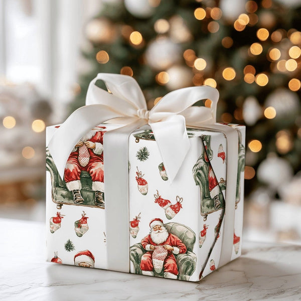 Comfy Vintage Santa Claus Gift Wrap Roll, Knitting Santa Christmas Wrapping Paper, Crafter Holiday Present Paper, Festive Gif