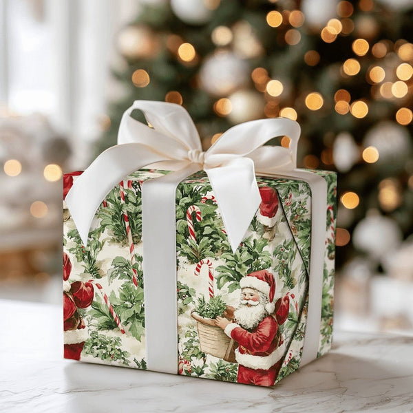 Poinsettia and Candy Cane Gift Wrap, Vintage Santa Wrapping Paper, Nostalgic Christmas Wrapping Paper, Classic Holiday Gift W