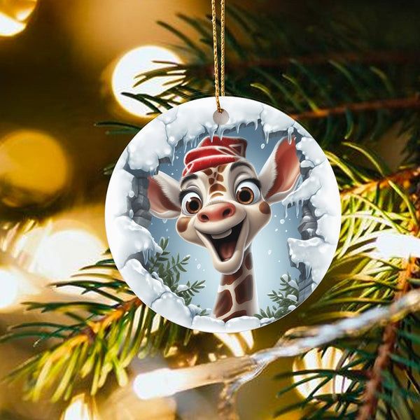 Whimsical Winter Animal Holiday Ornament, Adorable Giraffe Christmas Tree Ornament, Ceramic Safari Keepsake Ornament