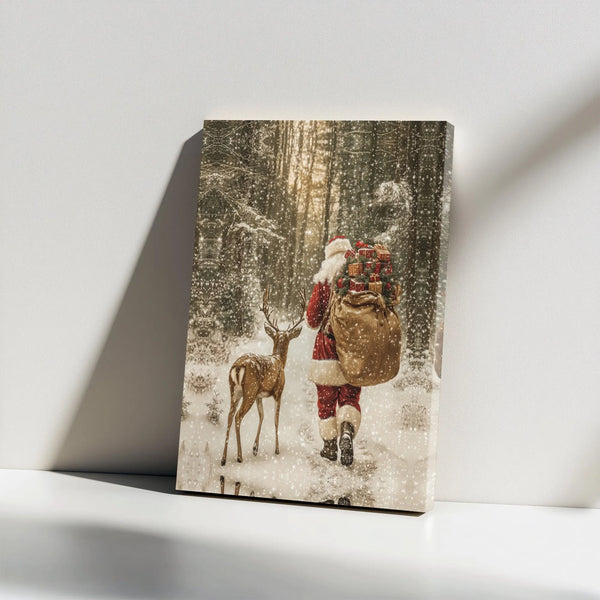 Reindeer Snowy Forest Canvas Print, Santa Claus Canvas Wall Art, Vintage Christmas Wall Art, Holiday Season Canvas, Winter Ho