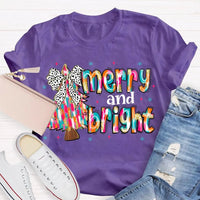 Festive Holiday Graphic Tee, Merry and Bright Tie Dye Tree Shirt, Christmas Tree T-Shirt, Retro Xmas Party Top, Family Holiday Present Tee