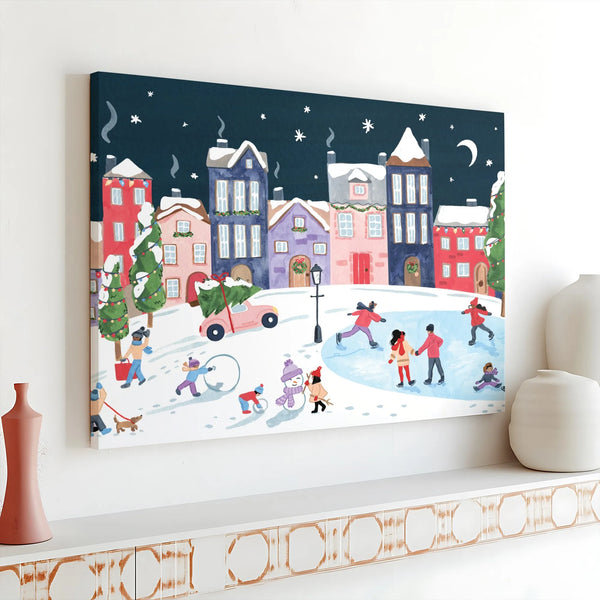 Winter Night Canvas Print, Christmas Village Canvas Wall Art, Ice Skating Town Wall Canvas, Whimsical Holiday Decor, Comfy Wi
