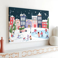 Winter Night Canvas Print, Christmas Village Canvas Wall Art, Ice Skating Town Wall Canvas, Whimsical Holiday Decor, Comfy Winter Season Present