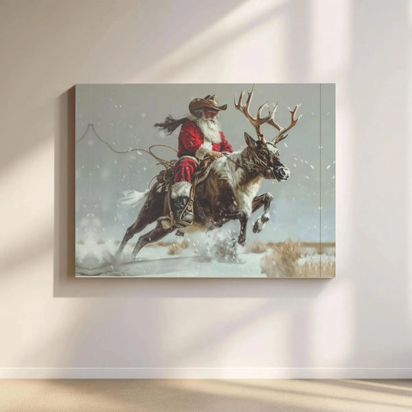 Rustic Western Christmas Wall Art, Cowboy Santa Riding Reindeer Canvas, Country Xmas Canvas Print, Holiday Canvas Decor, West