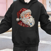 Sparkly Gemstone Christmas Hoodie, Jeweled Santa Hoodie, Retro Santa Graphic Hoodie, Festive Holiday Pullover Sweatshirt, Winter Xmas Present