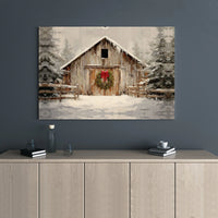 Christmas Wreath Winter Landscape Wall Art, Rustic Snowy Barn Canvas Print, Farmhouse Holiday Decor, Comfy Christmas Scene Canvas