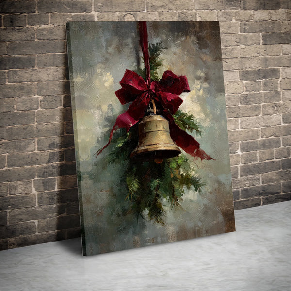 Red Ribbon and Pine Wall Decor, Vintage Christmas Bell Canvas Art, Holiday Season Canvas Print, Rustic Winter Wall Art, Home 