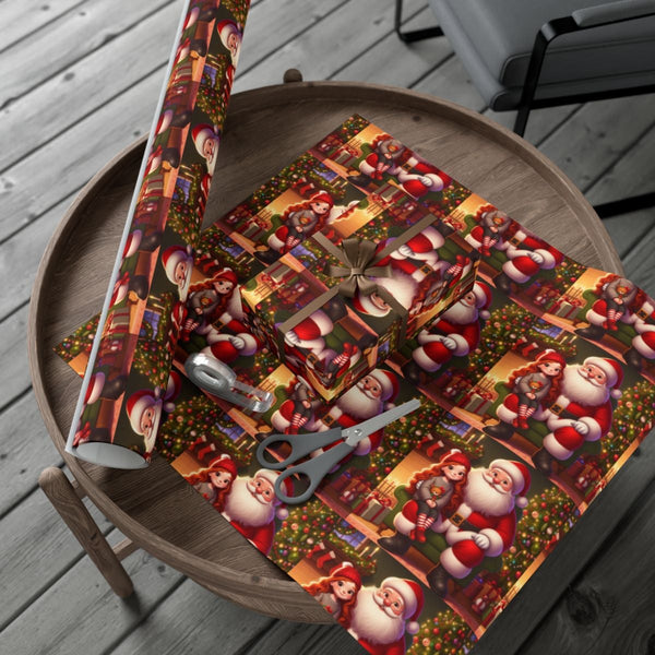 Adorable Holiday Gift Wrap, Santa Claus and Girl Wrapping Paper, Festive Vintage Christmas Wrapping Paper, Kids Xmas Gift Wra