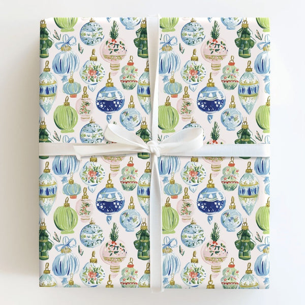 Watercolor Bauble Christmas Wrapping Paper, Vintage Ornament Wrapping Paper, Retro Holiday Gift Wrap Roll, Elegant Xmas Tree 