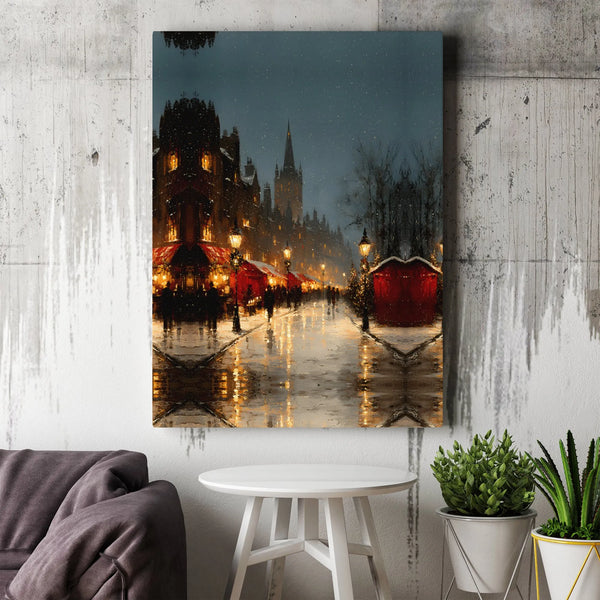 Snowy Night Town Scene Canvas Print, Christmas Market European Village Canvas Wall Art, Festive Winter Holiday Canvas Decor, 