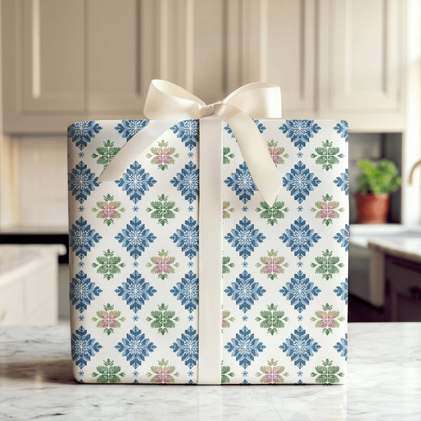 Nordic Folk Art Gift Wrap, Scandinavian Snowflake Wrapping Paper, Winter Holiday Wrapping Paper, Blue Christmas Gift Wrap Pap