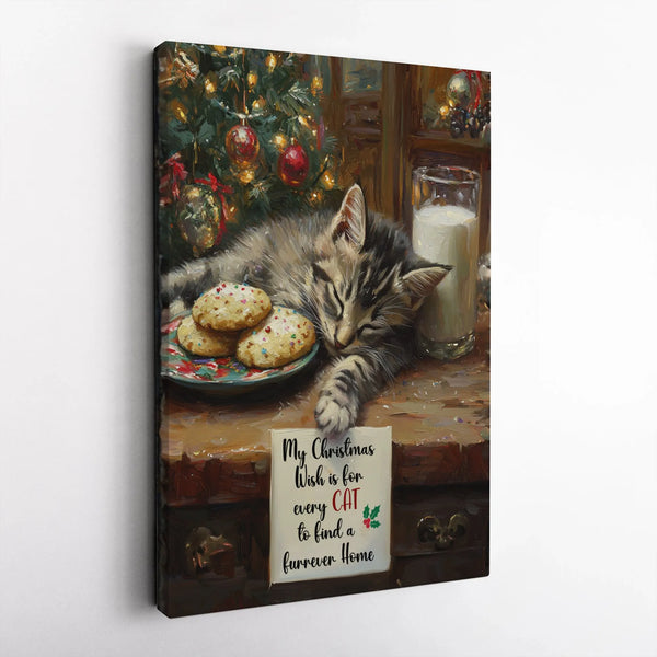 My Christmas Wish Quote Canvas, Sleeping Kitten Christmas Canvas Art, Adorable Cat Holiday Wall Art, Kitten Canvas Print, Cat
