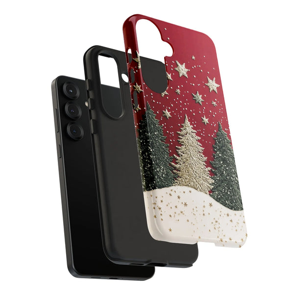 Snowy Pine Forest Red Phone Case, Christmas Winter Phone Case Samsung Galaxy, Holiday Trees Tough Phone Cover, Festive Xmas P