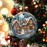 Snowman Fox Christmas Ornament, Stained Glass Winter Village Ornament, Winter Scenic Ceramic Ornament, Holiday Tree Keepsake Present