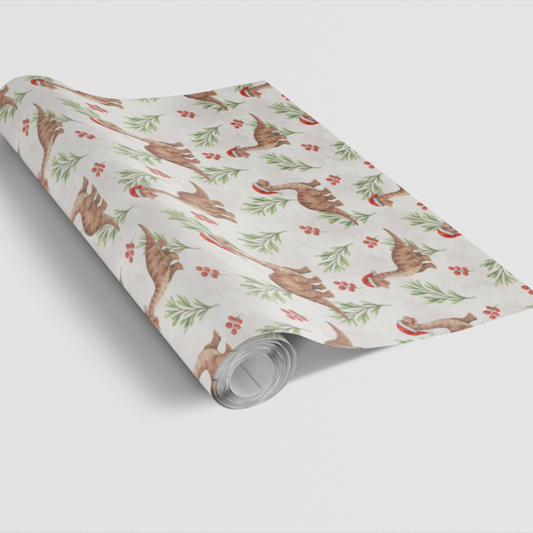 Adorable Brontosaurus Santa Hat Gift Wrap, Christmas Dinosaur Wrapping Paper, Dino Holiday Wrapping Paper, Festive Kids Gift 