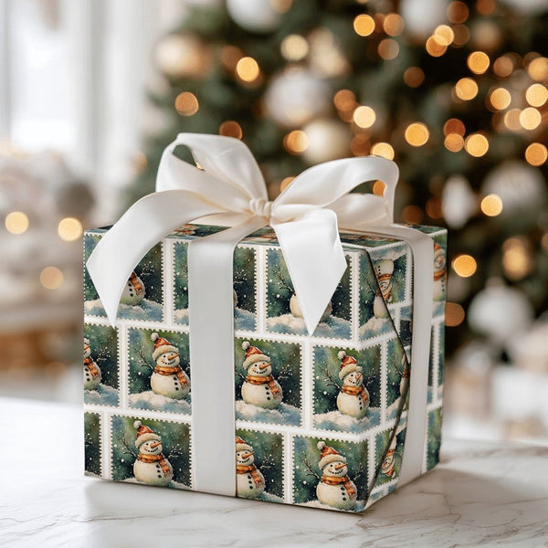 Retro Christmas Wrapping Paper, Vintage Snowman Postage Stamp Wrapping Paper, Nostalgic Holiday Gift Wrapping Paper, Winter X