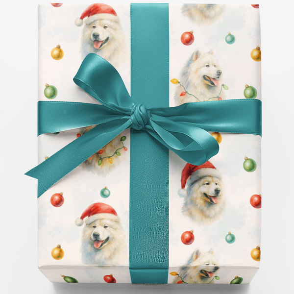 Santa Dog Holiday Gift Wrap, Samoyed Christmas Wrapping Paper, Adorable Samoyed Dog Wrapping Paper, Festive Dog Lover Christm