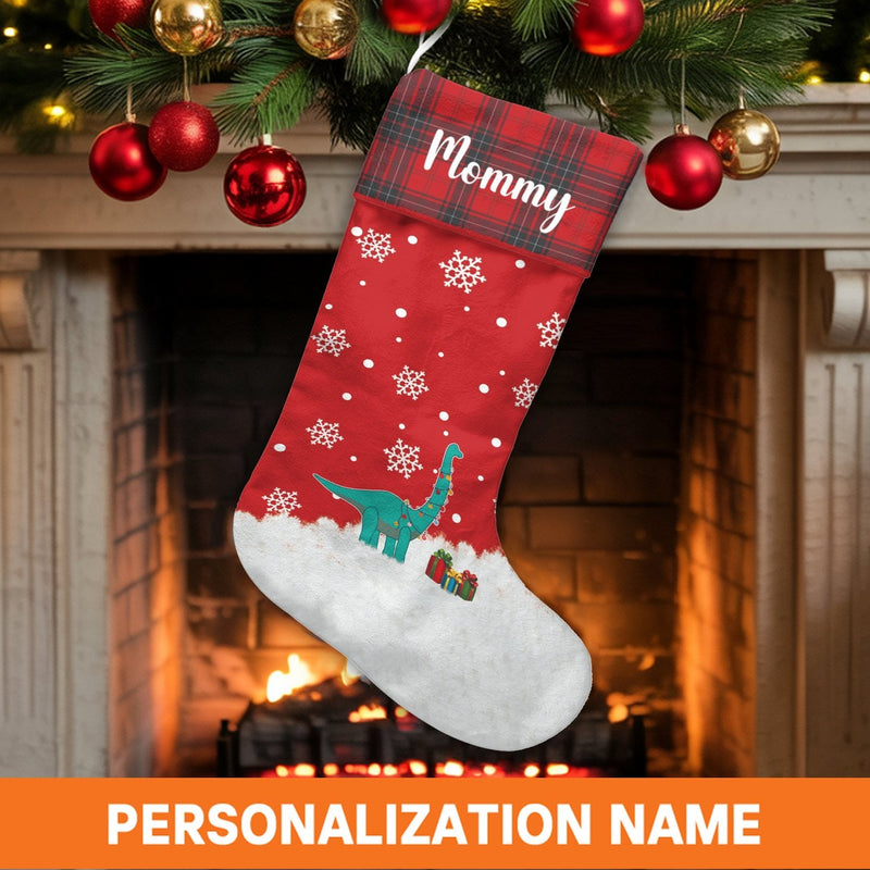 Dino Holiday Lights Stocking, Personalized Dinosaur Christmas Stocking, Adorable Dino Xmas Stocking, Custom Name Kids Holiday Stocking Present