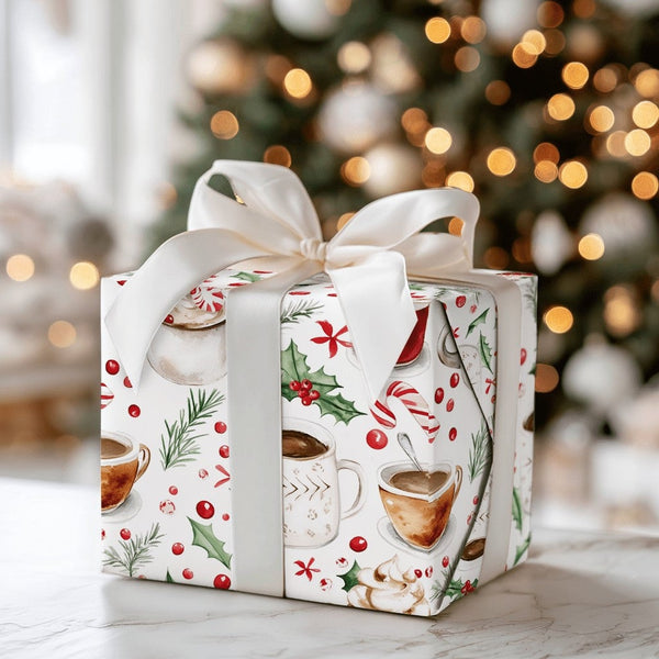Watercolor Mug Candy Cane Gift Wrap, Hot Cocoa Christmas Wrapping Paper, Comfy Winter Holiday Wrapping Paper, Festive Gift Wr