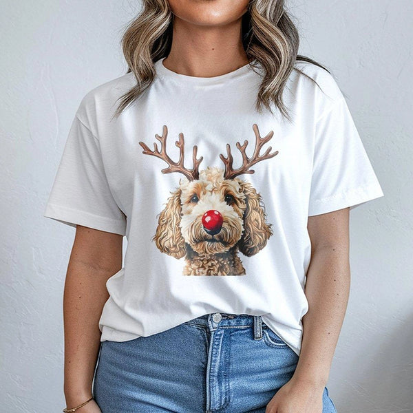 Reindeer Antlers Dog Shirt, Goldendoodle Christmas T-Shirt, Adorable Doodle Holiday Graphic Tee, Red Nose Puppy Tee, Xmas Dog