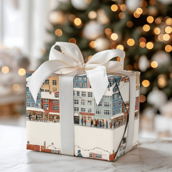 Snowy European Market Gift Wrap, Christmas Village Wrapping Paper, Holiday Town Square Wrapping Paper, Festive Winter Street 