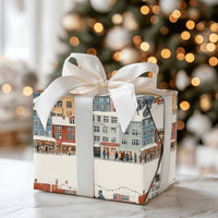 Snowy European Market Gift Wrap, Christmas Village Wrapping Paper, Holiday Town Square Wrapping Paper, Festive Winter Street Gift Wrap