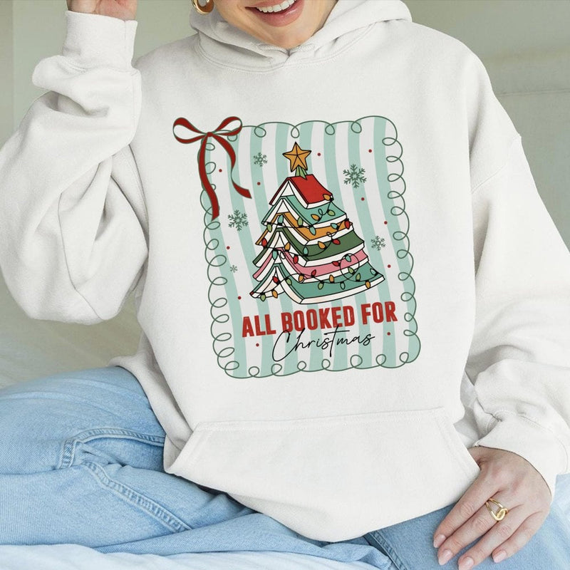 Book Stack Tree Graphic Hoodie, All Booked for Christmas Hoodie, Adorable Bookish Reader Hooded Sweatshirt, Librarian Xmas Pullover Hoodie Present