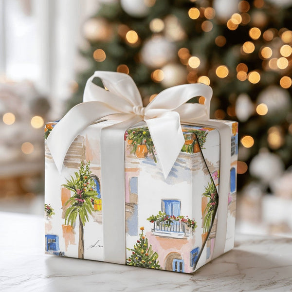 Coastal Village Holiday Gift Wrap, Mediterranean Christmas Wrapping Paper, Watercolor European Town Wrapping Paper