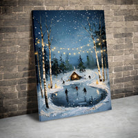 Snowy Birch Forest Cabin Poster, Winter Ice Skating Pond Wall Art, Comfy Christmas Holiday Scene Print, Winter Decor, Digital Download