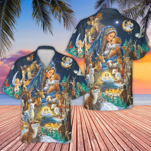 Religious Christmas Graphic Shirt, Nativity Scene Hawaiian Shirt, Holiday Button up Shirt, Christian Christmas Shirt, Beach V