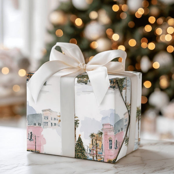Tropical Palm Tree Gift Wrap, Coastal Christmas Wrapping Paper, Watercolor Cityscape Wrapping Paper, Warm Holiday Season Wrap