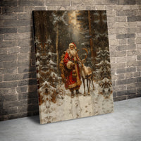 Snowy Winter Forest Canvas Wall Art, Santa Claus and Reindeer Canvas Print, Christmas Holiday Landscape Canvas, Rustic Xmas Home Decor