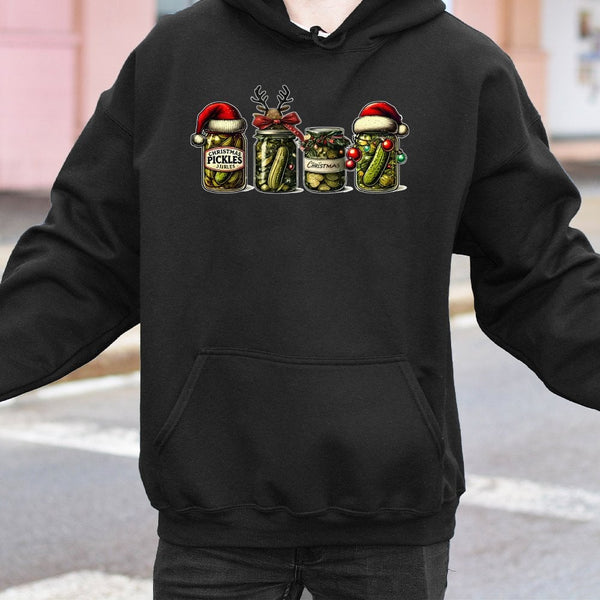 Humorous Pickle Jar Graphic Hoodie, Christmas Pickle Hoodie, Adorable Holiday Season Sweatshirt, Retro Xmas Tradition Hoodie,